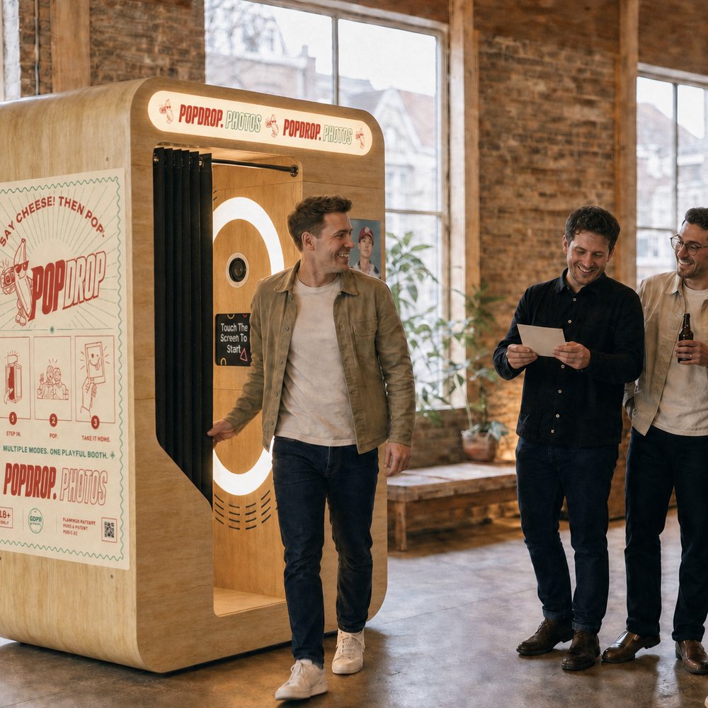 Guests around the POP DROP booth at an event, one of them reading a fresh print